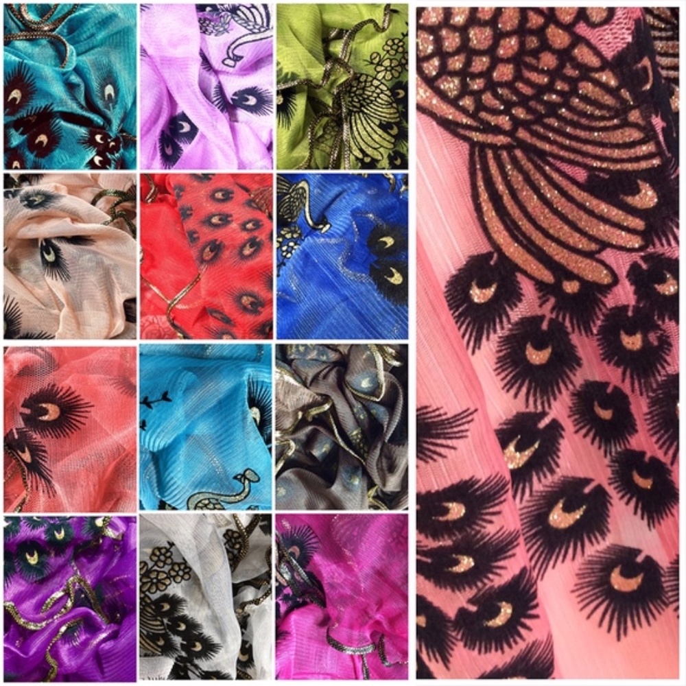 🍒 1PC BLACK PEACOCK EMBROIDERED LONG SCARF GOLD - Picture 2 of 4